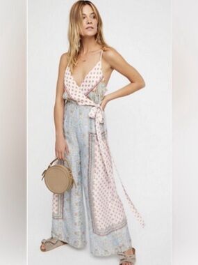 Free People Cabbage Rose Scarf Print Wide Leg Satin Jumpsuit Neutral Combo NWT